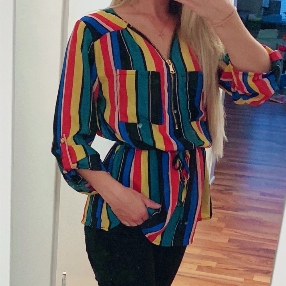 Rainbow striped peplum dress shirt